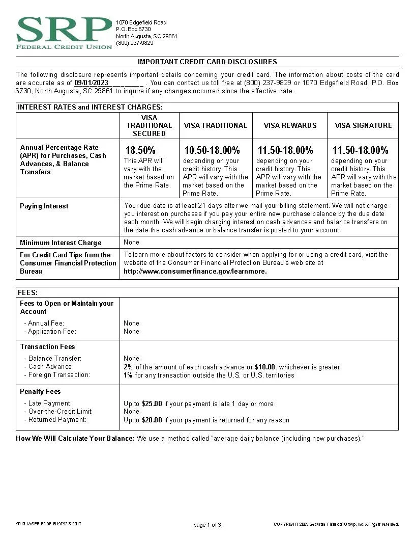 Credit Card Disclosure & Agreement | SRP Federal Credit Union