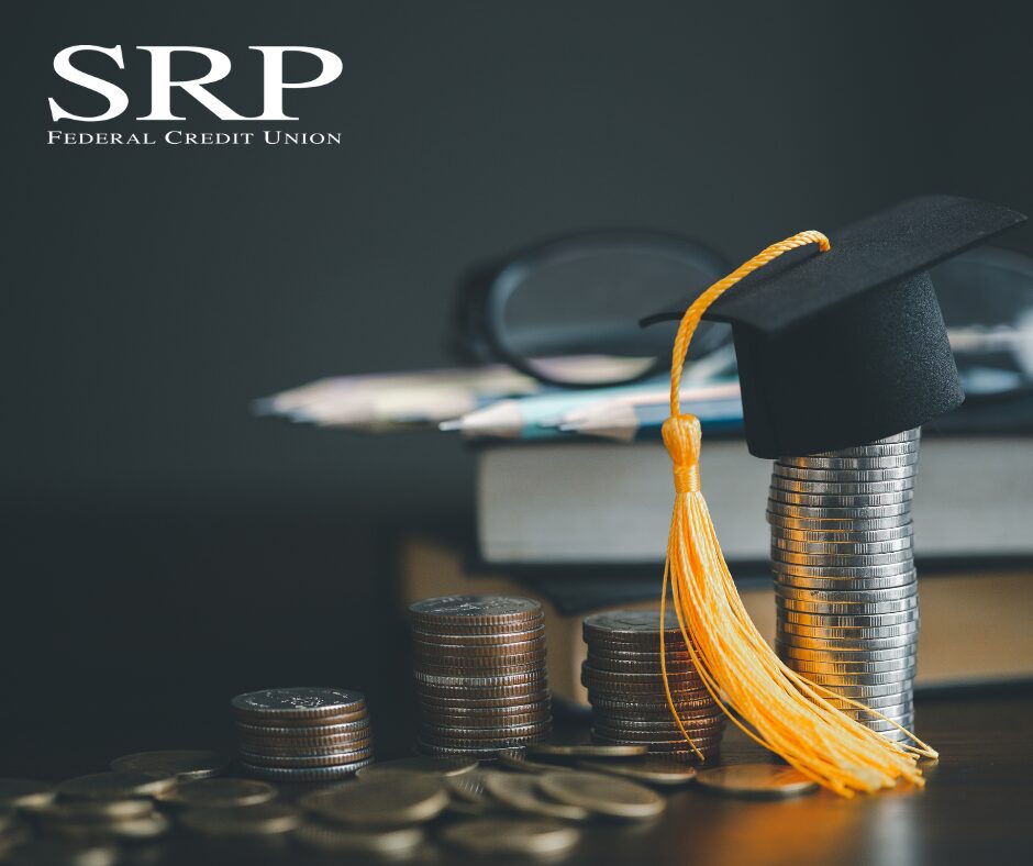 An image illustrating preparing and planning financially for college - a stack of coins supports a graduation cap in front of books and eyeglasses.