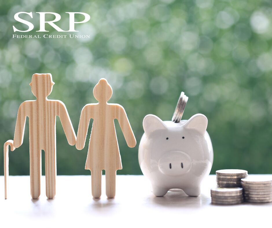 Financial security after retirement An image illustrating building financial security for retirement - two wooden figurines representing an older couple stand next to a piggy bank.