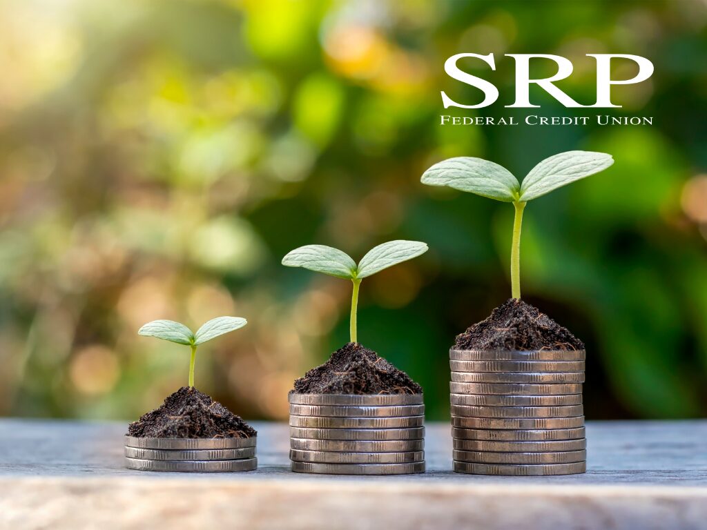 June blog images Three stacks of coins of increasing height, topped with a bit of soil and small plant sprouts growing from them, to represent building wealth.
