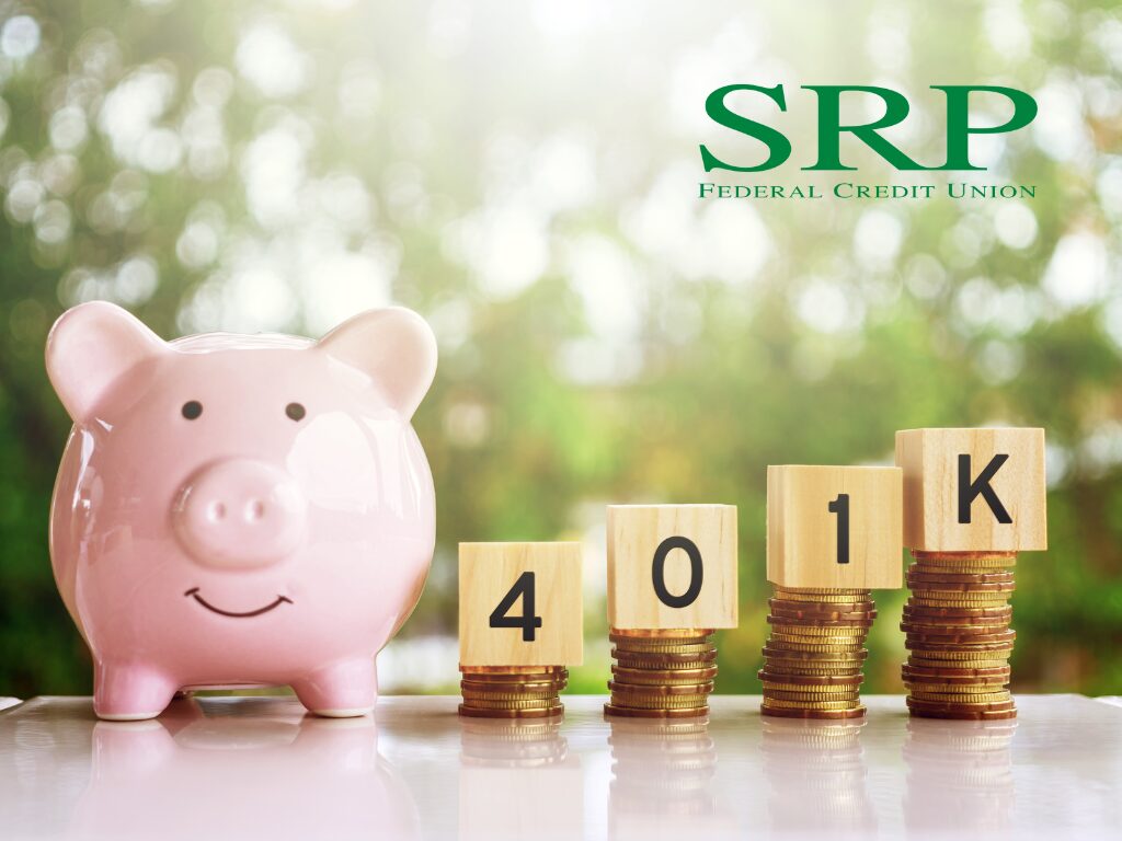 A piggy bank stands next to a four stacks of coins with increasing heights. On top of each stack, blocks spell out "401k," illustrating saving for retirement with a 401(k).