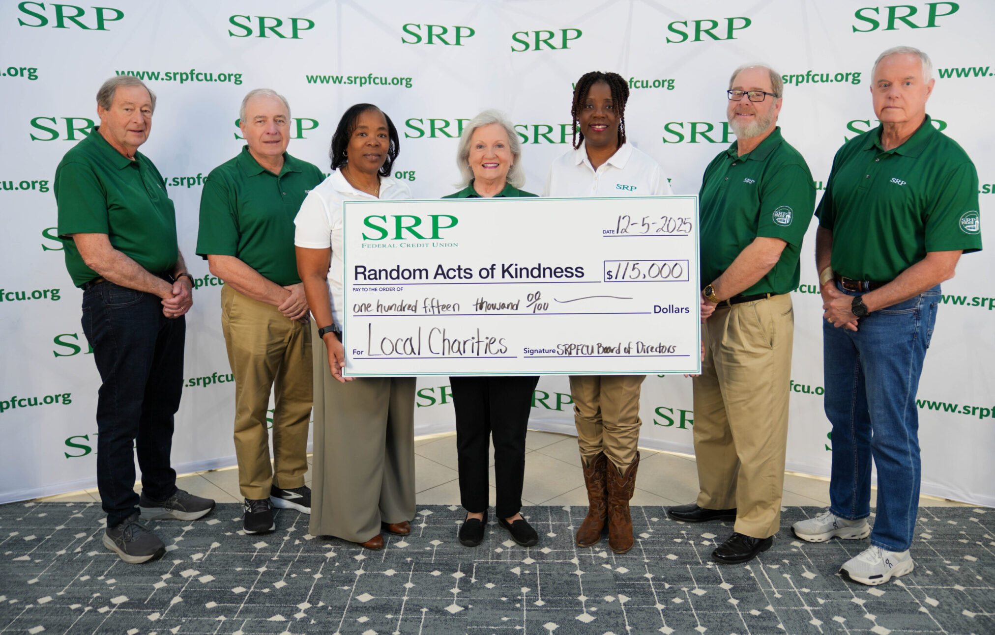 Random Acts of Kindness 2025 The SRP Board of Directors presents a ceremonial check for $115,000 to celebrate their Random Acts of Kindness initiative that will benefit local charities throughout the holiday season.