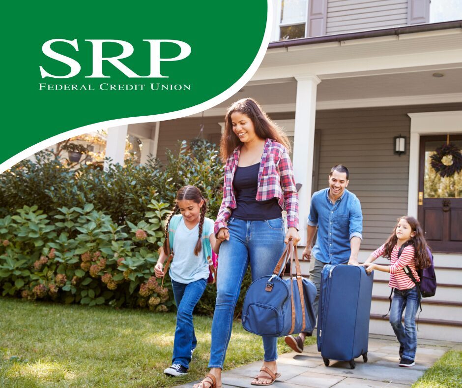 May - Money-smart travel save now, live it up later A family leaves the house to travel.